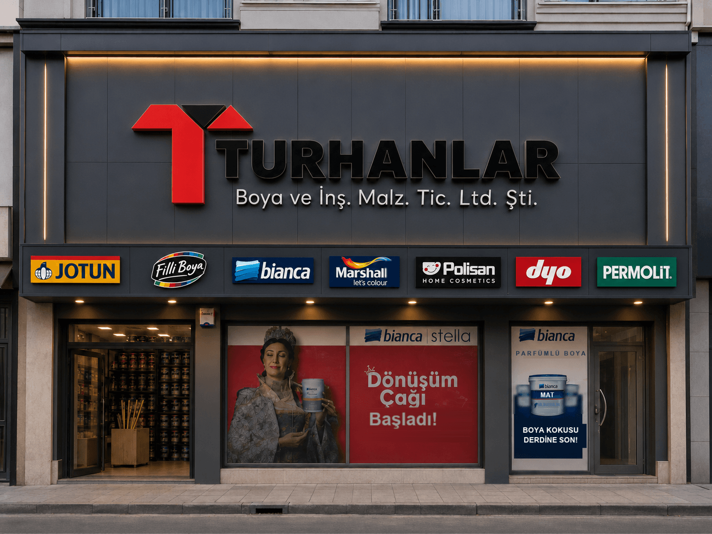 Turhanlar Boya mağazası — Jotun, Filli Boya, Bianca, Marshall, Polisan, DYO ve Permolit bayilikleri